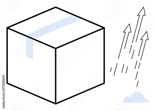 Cube-shaped object with tape detail and arrows pointing upward suggesting development, improvement, or shipment. Ideal for growth, creativity, entrepreneurship, logistics, innovation, strategy