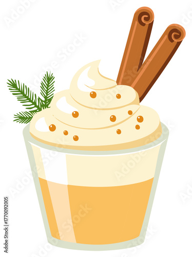 Festive winter holiday beverage with whipped cream topping cinnamon sticks and evergreen sprig art