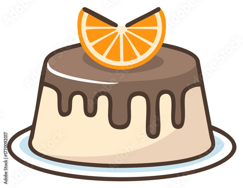 Delicious dessert pudding with chocolate drizzle topped with a fresh orange slice cartoon illustration