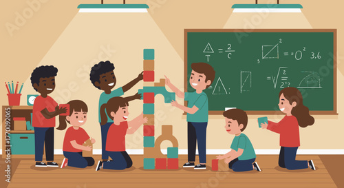 Diverse group of happy children collaboratively constructing colorful block towers in a bright classroom, fostering teamwork and early learning skills.