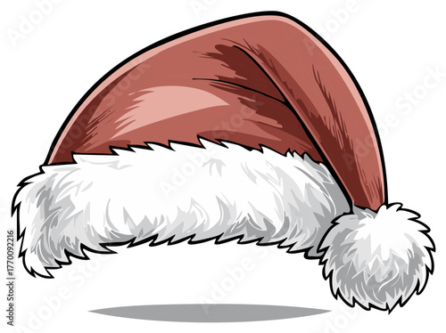 Cartoon style red and white Santa Claus hat with soft furry trim and pompom, perfect for festive winter holidays
