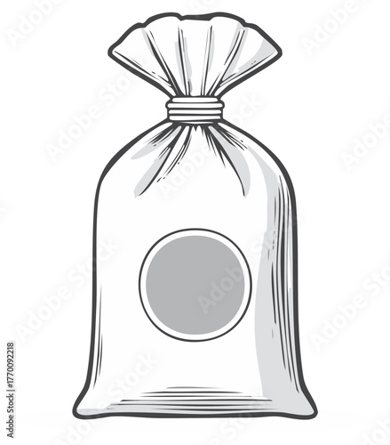 Hand drawn illustration of a full sack with a blank round label for product mockup