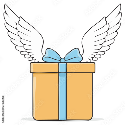 Gift box with wings and a blue ribbon