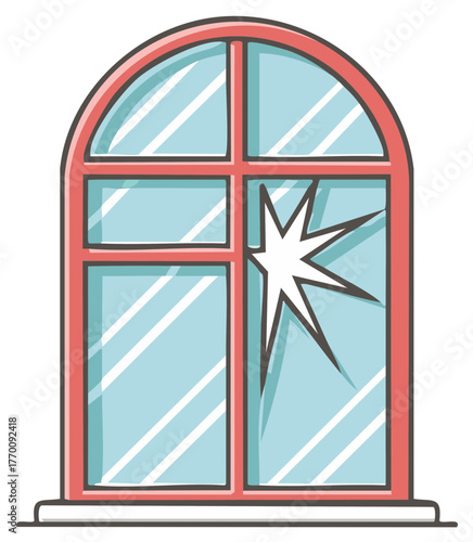 Hand-drawn arched window with a broken glass pane showing a star-shaped crack.