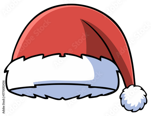 Festive Cartoon Santa Hat Illustration with Fur Trim and Pom Pom for Christmas Celebrations and Holiday Season Greetings