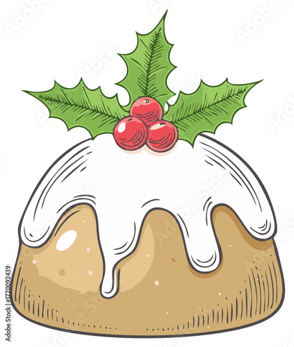 Drawn Christmas pudding with holly berries and white icing, holiday food illustration.