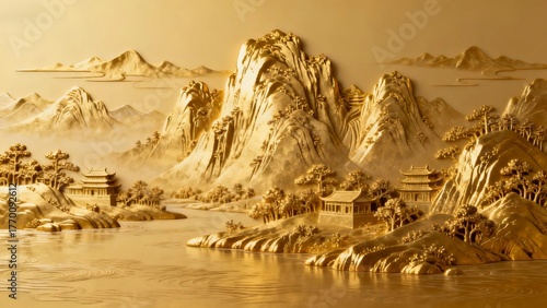 Golden Chinese Mountain Landscape with Temples and River – Traditional 3D Artwork