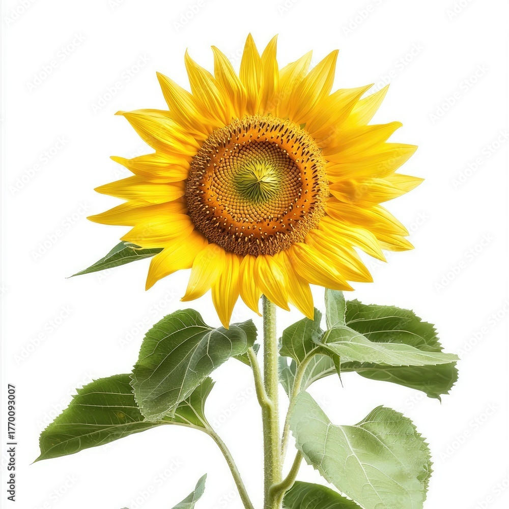 Obraz premium Bright and Radiant Sunflower Bloom Against a White Background with Green Leaves and Floral Details