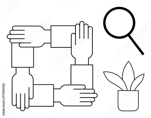 Interconnected hands forming a square, magnifying glass, and potted plant. Ideal for teamwork, collaboration, growth, unity, partnership research and development. Clean and simple flat metaphor