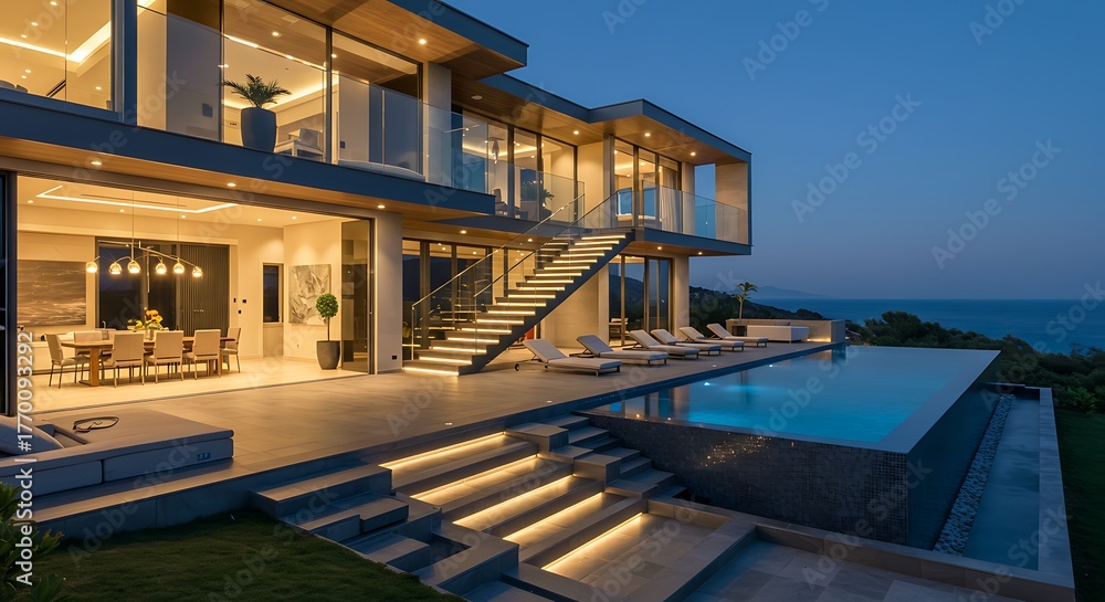 Fototapeta premium Luxury modern minimalist home with a pool and ocean view at dusk