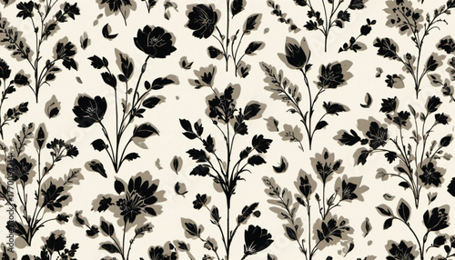 Monochrome Botanical Seamless Vector with Vintage Floral Inspiration. Ai Generate.