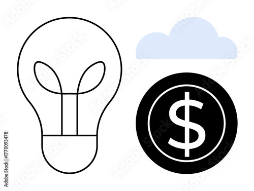 Light bulb with leaf elements, cloud, and dollar symbol represent innovation, eco-focus, financial success, sustainability, technology, creativity and cloud solutions. Ideal for brainstorming