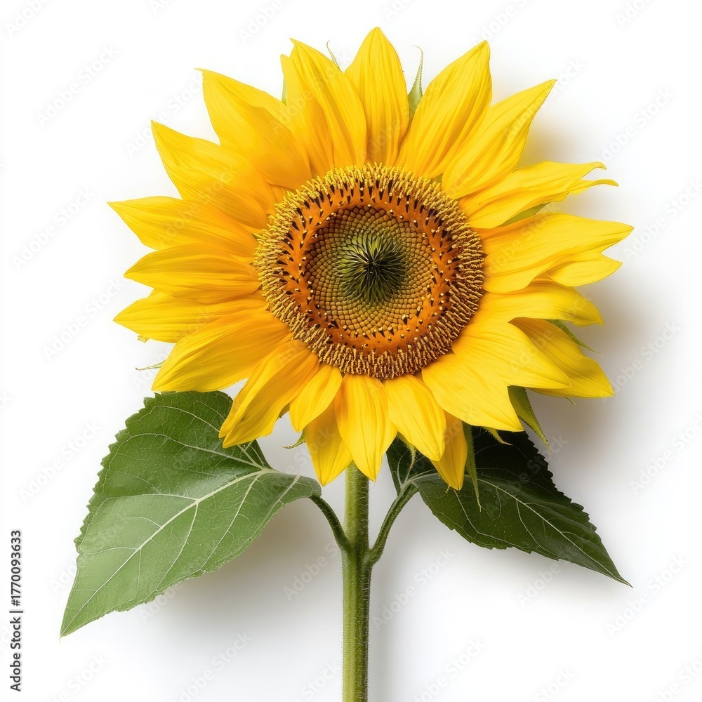 Obraz premium Bright and Vibrant Sunflower on White Background with Green Leaves Displaying Natural Beauty and Cheerful Colors