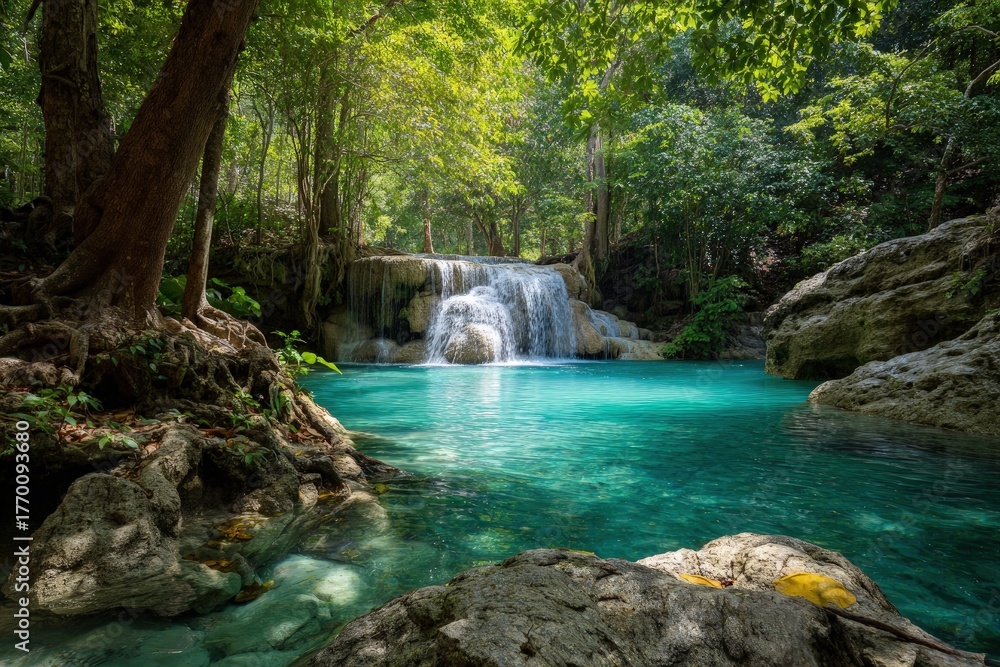 Fototapeta premium Lush tropical waterfall cascading into a turquoise pool (2)