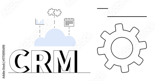 CRM letters, cloud, gear, puzzle, calendar, and bar graph represent software, strategy, automation data analytics cloud technology and integration. Ideal for business management CRM teamwork