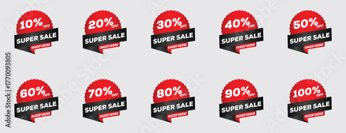 Red & Black Sale and Price Tag Line Icons Set – Discount, Promotion, and Shopping Vector Collection (10%-100% Off)