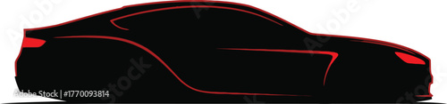 Sleek black sports car silhouette with red accents isolated on white background, capturing the essence of speed and modern automotive design