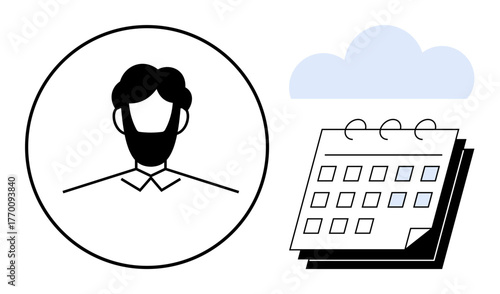 Minimalistic profile portrait next to a calendar and cloud icon. Ideal for scheduling, appointments, management, planning, services, productivity, or reminders as simple flat metaphor