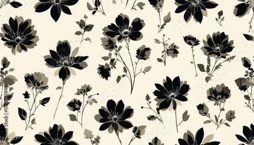 Modern Botanical Vector Pattern with Wildflowers and Leaves in Silhouette. Ai Generate.