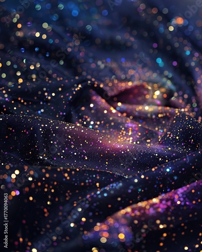A close-up shot of shimmering fabric, densely covered with glittering particles, creating a cosmic and ethereal effect.