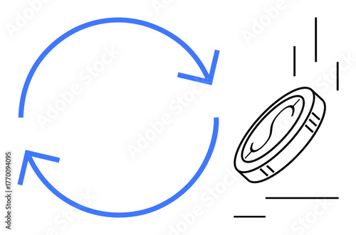 Blue circular arrows with a falling coin, symbolizing money circulation, financial growth, investment, currency exchange, profit dynamics, economic flow, and trade operations in a simple flat