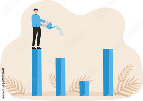 Economic recovery from money stimulus, leadership to grow business, business leader standing on profit bar chart watering this year bar chart growth, investment growth or profit and income concept.
