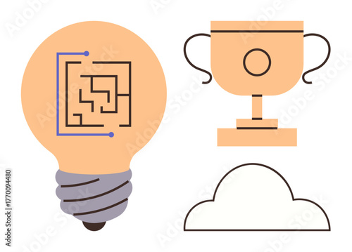 Maze-filled light bulb, cup trophy, and cloud, conveying innovation, achievement, and connectivity. Ideal for creativity, goal setting, brainstorming technology problem-solving success