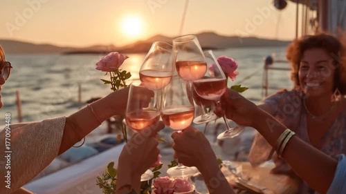 Friends toast rose wine on a boat at sunset with flowers