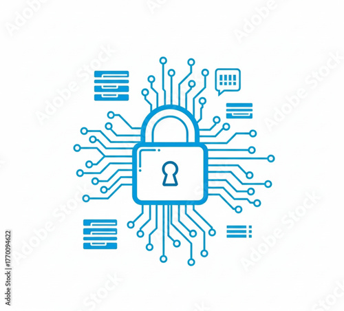 Digital Security Icon Secure Padlock on Circuit Board, Data Protection & Cyber Safety Concept