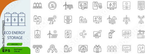 Eco energy storage icon set. Editable vector illustration of renewable power systems, solar panels, and sustainable infrastructure. EPS green technology pack