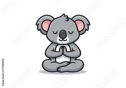 A cute cartoon koala character meditating in a yoga lotus pose with hands in a prayer gesture.
