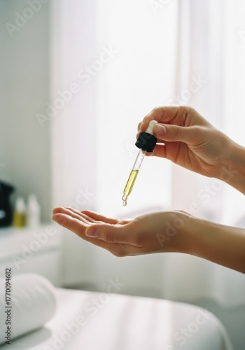 Wallpaper Mural a glass dropper dispensing golden jojoba oil into an open hand, symbolizing calm and nourishment Torontodigital.ca
