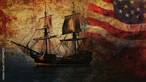 A weathered sailing ship is prominently displayed against a textured backdrop of an American flag, evoking a sense of historical maritime adventure and patriotic symbolism.