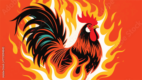 Rooster With Burning Hot Fire Illustrator Artwork Banner Background Design Template 