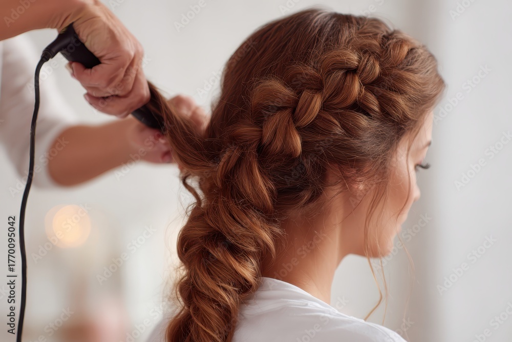 Fototapeta premium Hairdresser making French braid hairstyle to ginger girl in salon. Woman is braided up in a beauty studio blurred backdrop. Girl is sitting on a chair groomed by a stylist holding a red curling iron