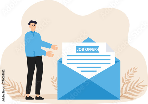 Job offer and recruitment search, career start and vacancy or  Recruitment search, We're hiring posters and Male employee with case acceptance letter with job offer
