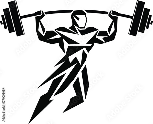 Abstract Athlete Lifting Barbell Overhead in Dynamic Black and White Illustration Symbolizing Strength and Power in Fitness and Exercise Graphics