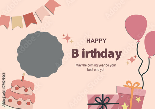 Cute Baby Birthday Greeting Card Template with Balloons, Cake, and Gift Boxes