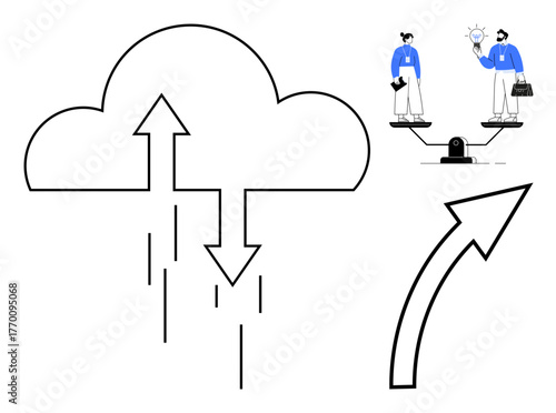Cloud icon with arrows, two professionals balancing scales, ascending arrow. Ideal for technology, teamwork, collaboration, innovation, business growth balance data communication. Simple flat