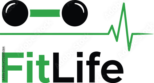 Fit Life vector logo with dumbbell weight and heartbeat line for fitness health and wellbeing with green text promoting a healthy lifestyle and exercise routines