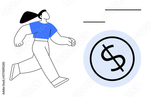 Woman strides purposefully toward a dollar symbol inside a circle, illustrating financial growth, success, and determination. Ideal for finance, career growth, motivation, goal-setting, savings