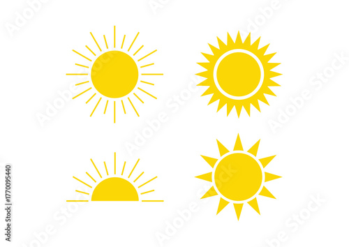 Yellow Sun Icons – Abstract Radiant Symbol Set in Grid Layout. Yellow sun icon set, sunshine, sunrise or sunset.