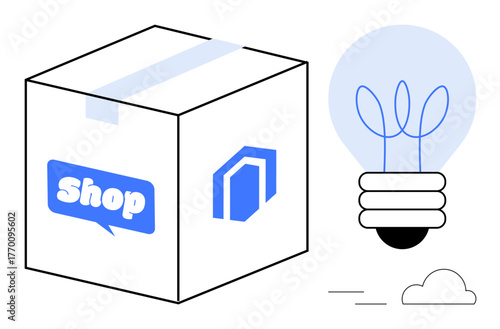 Delivery box labeled shop, a glowing lightbulb symbolizing ideas, and minimalist design. Ideal for ecommerce, startups, creativity, innovation, logistics technology and retail trends. Simple flat