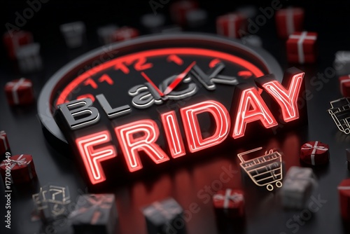 Black Friday countdown clock with glowing red neon text and gifts