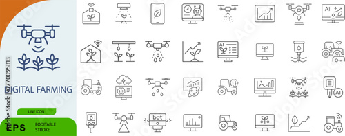 Digital farming icon set. Editable vector illustration of smart agriculture, drone monitoring, and automated systems. EPS agri-tech pack