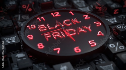 Black Friday countdown clock with glowing red neon text and gifts
