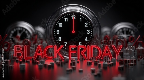 Black Friday countdown clock with glowing red neon text and gifts