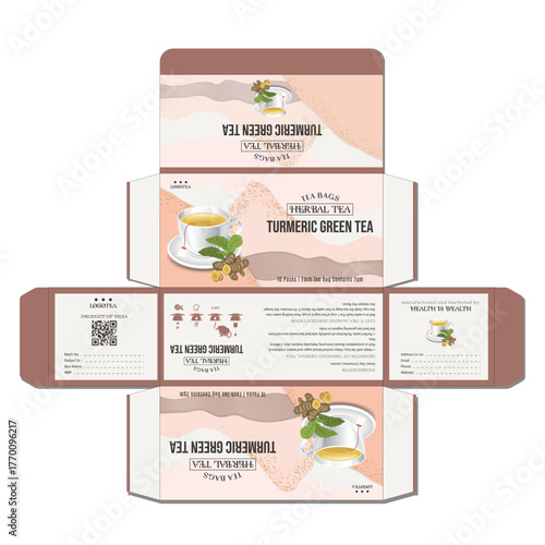 Turmeric green tea herbal tea box packaging design with natural and organic elements