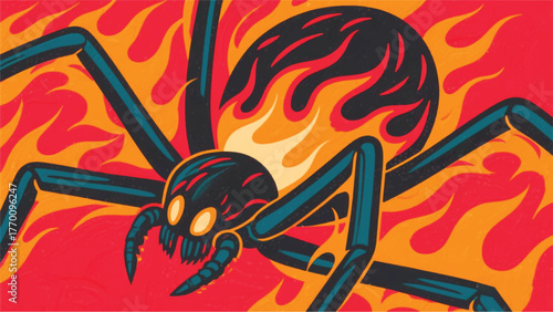 Spider With Hot Burning Fire Illustrator Artwork Banner Background Design Template 