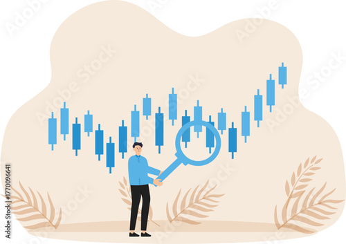 technical analysis trader concept to analyze stock or crypto currency market data movement trend analysis to take profit buy and sell indicator chart trader magnify candlestick chart.
